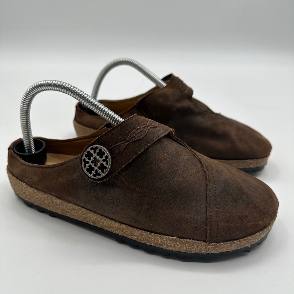 Haflinger Brown Suede Leather Clogs Medallion Cork Mules Womens 41 EU‎ 10 US
